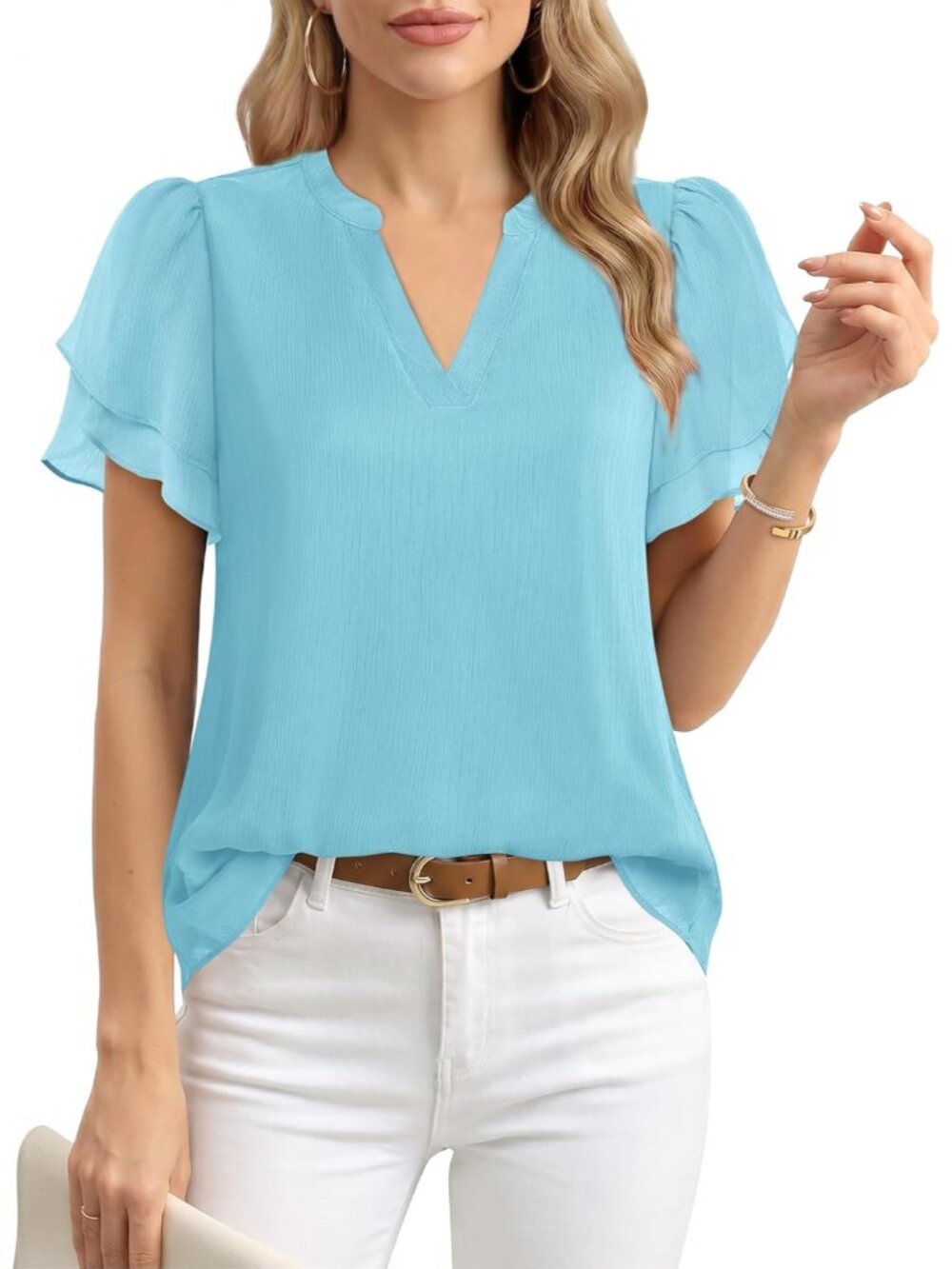 Women's  Light Blue Polyester Puff Petal Short Sleeve Dressy Chiffon Blouse